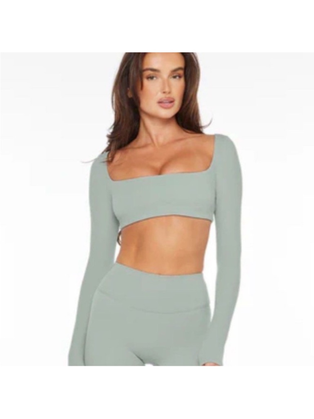 CSB Long Sleeve Square Neck Crop Top in Sage Green with Shorts Set